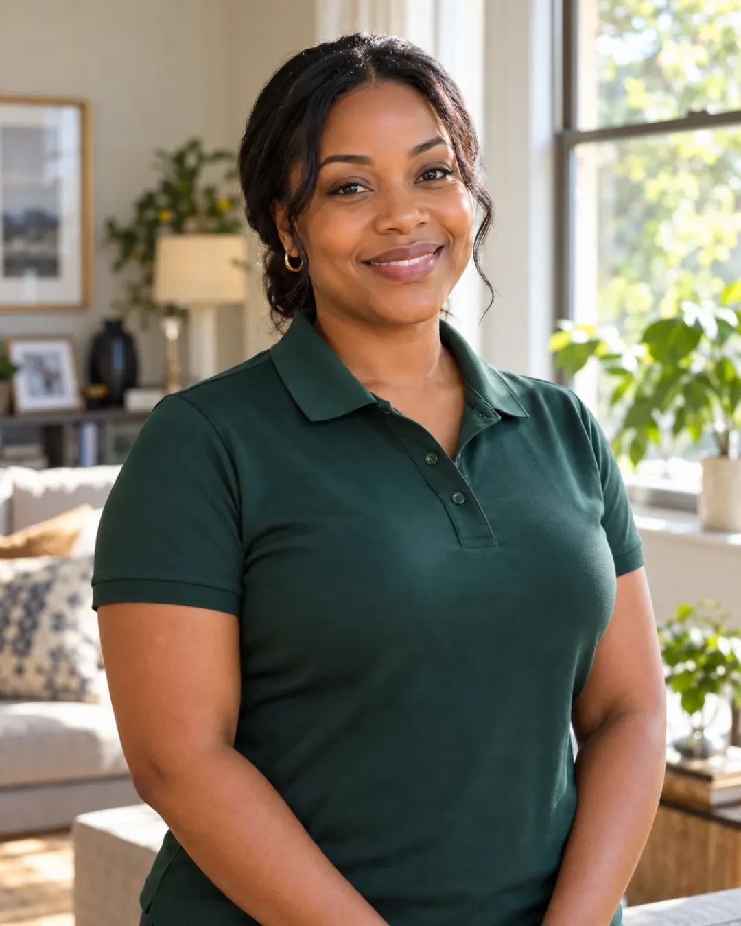 A smiling caregiver in a deep-green polo stands in a warm, plant-filled living room.