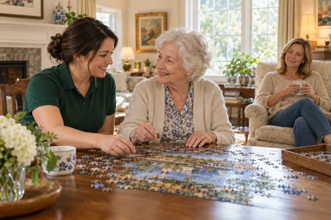 A caregiver pieces a jigsaw puzzle with an older woman while her daughter relaxes nearby.