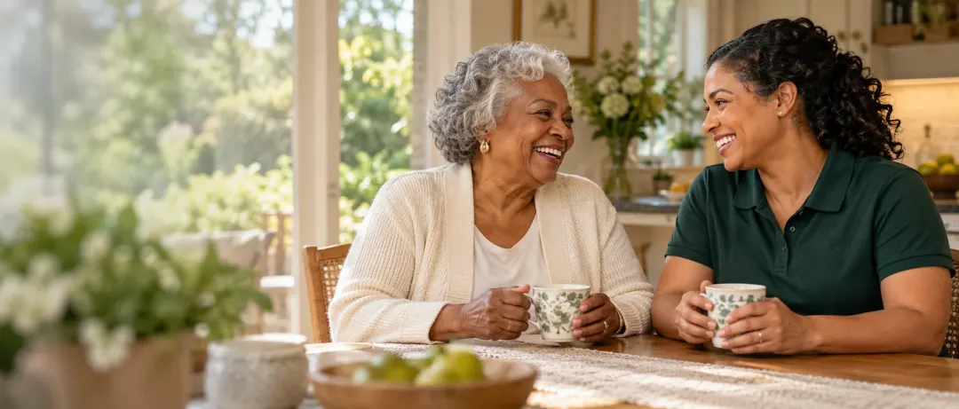 A caregiver and an older woman laugh together over tea at a kitchen table.