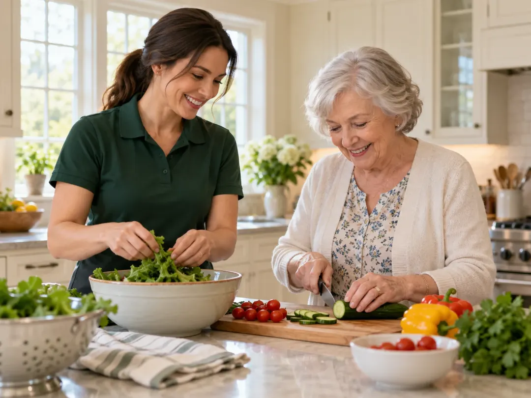 A caregiver and an older woman prepare a salad together in a bright kitchen.