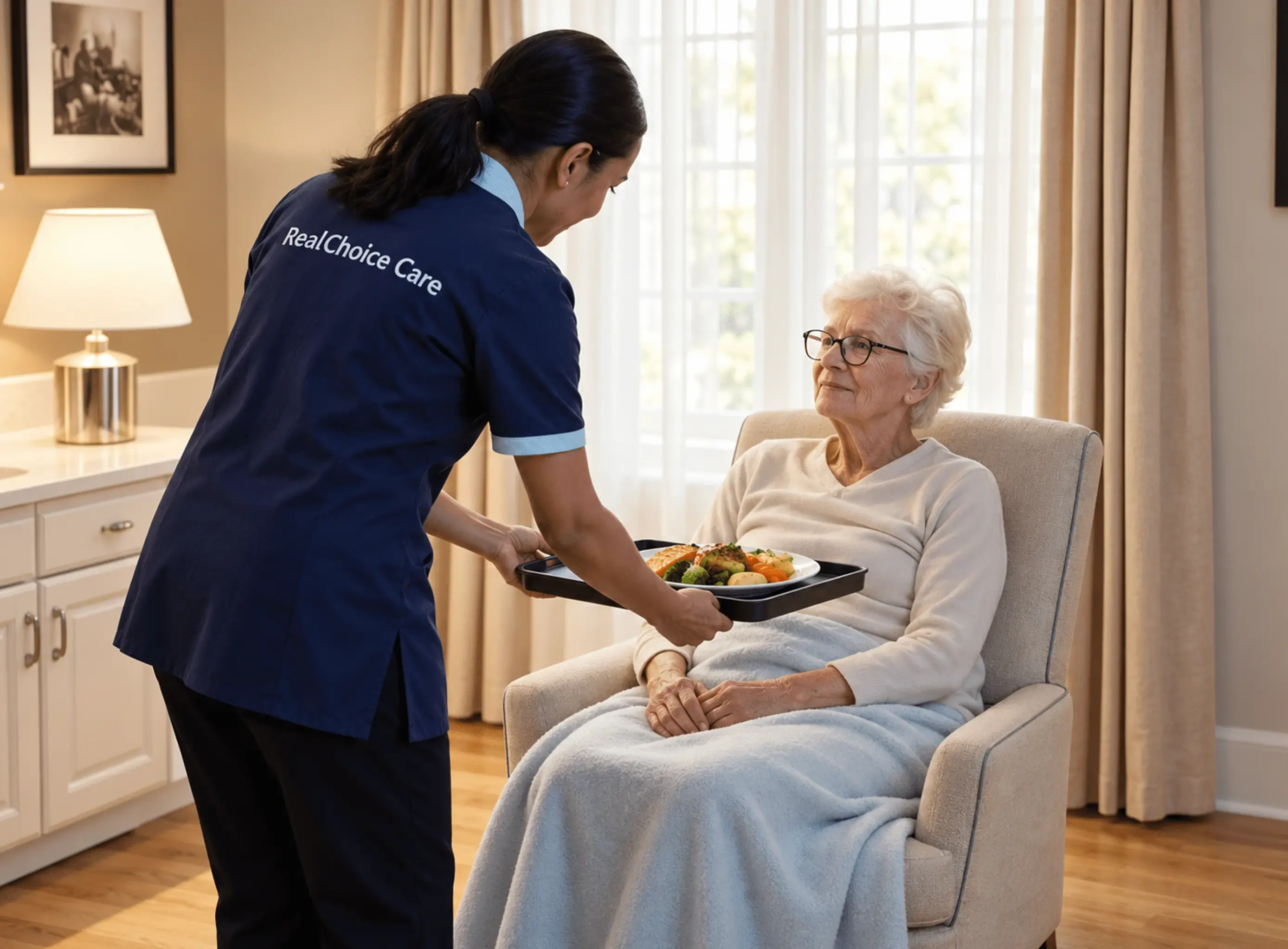 Susan, a RealChoice Care caregiver, brings a meal tray to an older woman seated in an armchair at home